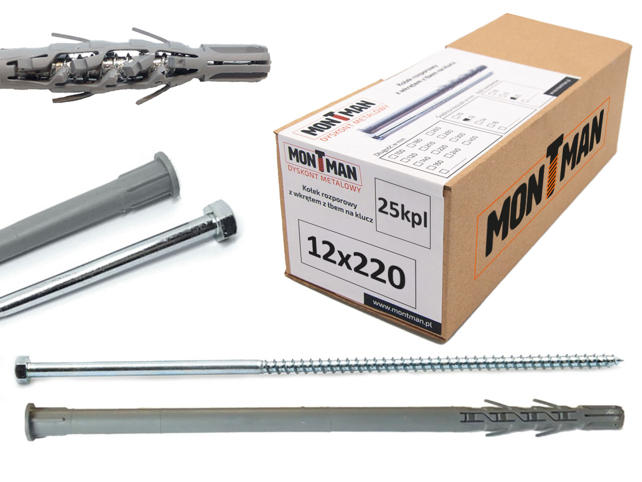 Kołek 12x220 (25 pkl) rozporowy ramowy z wkrętem 8x220 z łbem na klucz