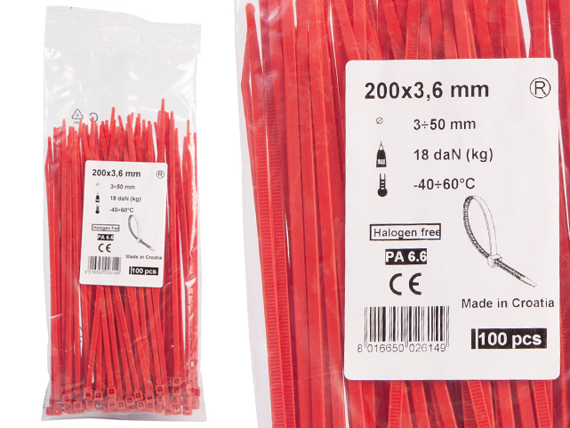 Opaska zaciskowa 3,5x200 czerwona 100 szt