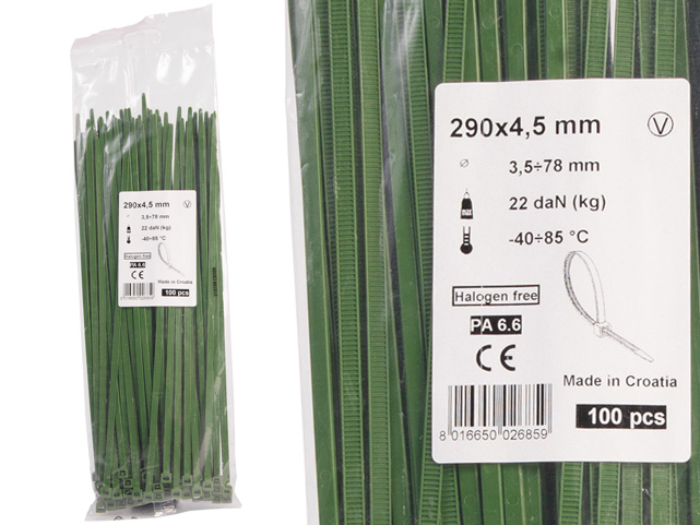 Opaski zaciskowe 4,5x290 zielone 100 szt