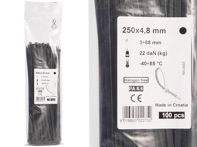 Opaski zaciskowe 4,8x250 czarne 100 szt.